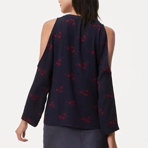 Loft Navy Blue Red Leaf Print Tie Neck Cold Shoulder Long Sleeve Top Medium - Picture 2 of 12